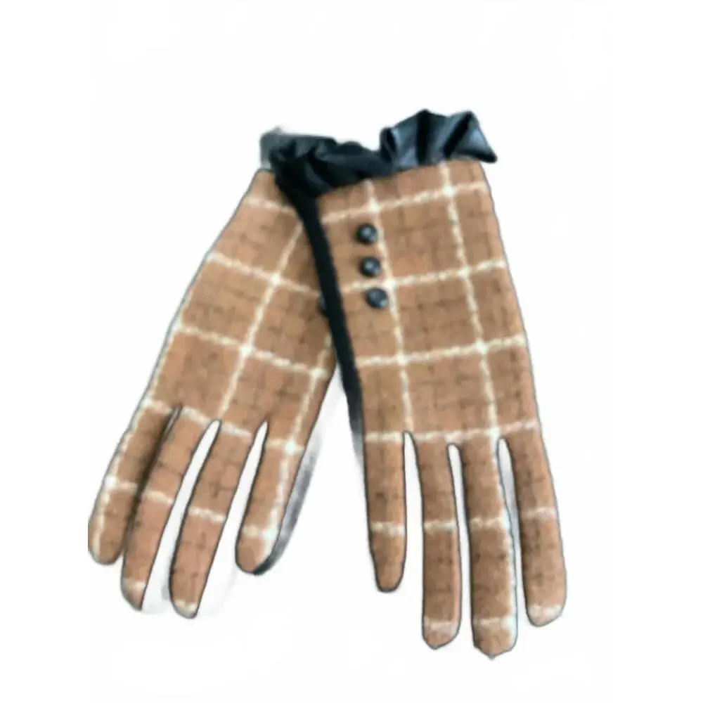 Cozy Brown Plaid Gloves with Black Trim and Button Detail